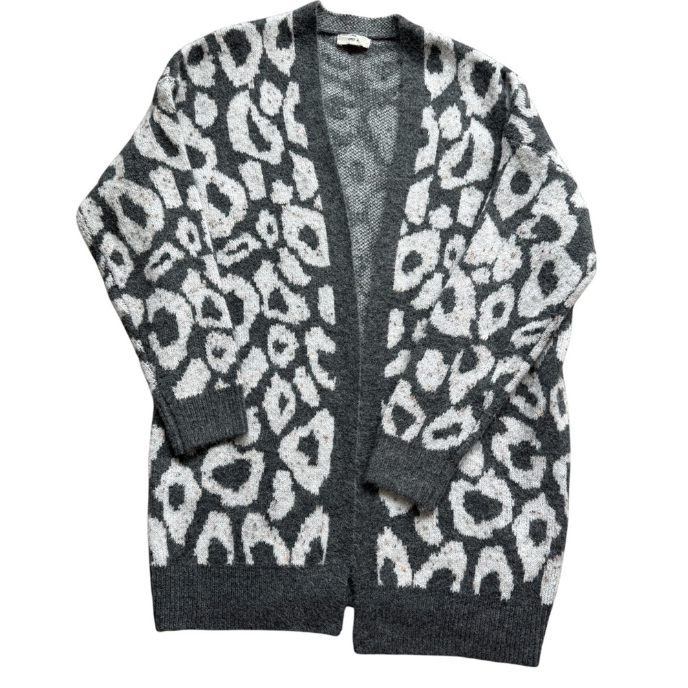 ENTRO Cardigan Sweater Women’s M Gray Ivory Leopard Open Front Oversized Cozy